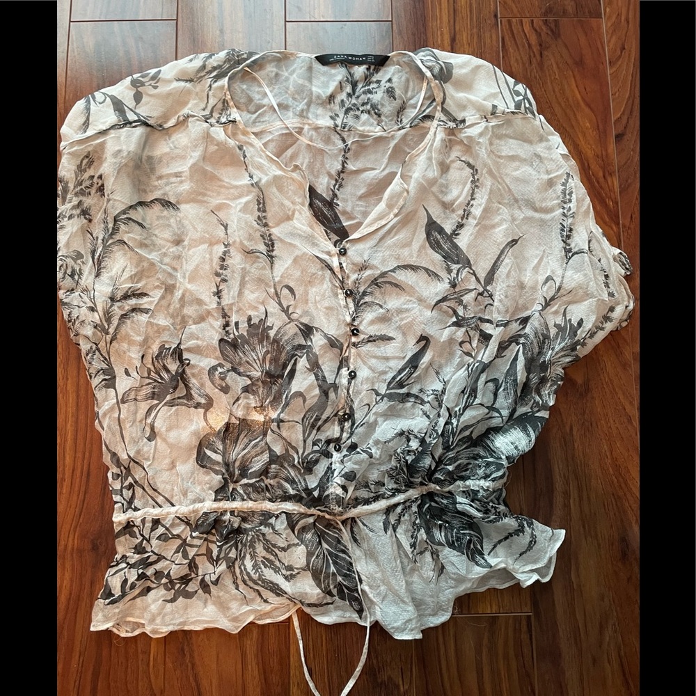 Zara White with Black Floral Print Silk Top
